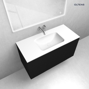 Zestaw Oltens Lun Rilla szafka podumywalkowa 100 cm z umywalką Kalla LavaForm czarny mat/biały mat 68777300