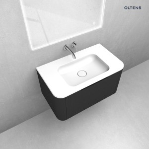 Zestaw Oltens Hamnes szafka podumywalkowa 80 cm z umywalką czarny mat/biały połysk 68878300