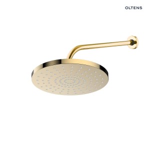 Oltens Pluva Lagan deszczownica 25 cm okrągła z ramieniem ściennym złoty połysk 36093800