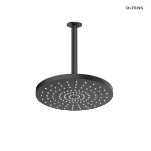 Oltens Pluva Aera deszczownica 25 cm okrągła z ramieniem sufitowym czarny mat 36095300