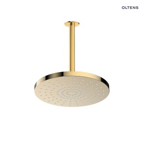 Oltens Pluva Aera deszczownica 25 cm okrągła z ramieniem sufitowym złoty połysk 36095800