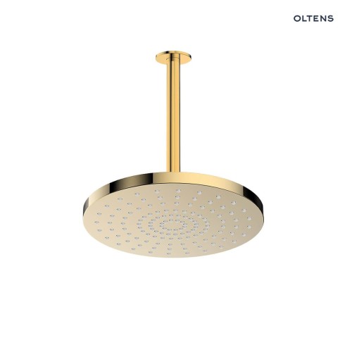 Oltens Pluva Aera deszczownica 25 cm okrągła z ramieniem sufitowym złoty połysk 36095800