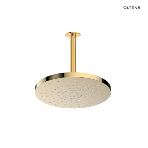 Oltens Pluva Aera deszczownica 25 cm okrągła z ramieniem sufitowym złoty połysk 36097800