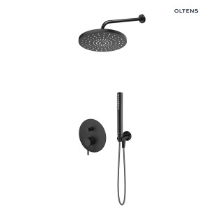 Zestaw Oltens Molle bateria wannowo-prysznicowa podtynkowa z deszczownicą 25 cm Pluva i słuchawką prysznicową Ume czarny mat 36639300