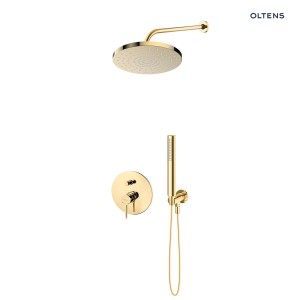 Zestaw Oltens Molle bateria wannowo-prysznicowa podtynkowa z deszczownicą 25 cm Pluva i słuchawką prysznicową Ume złoty połysk 36639800