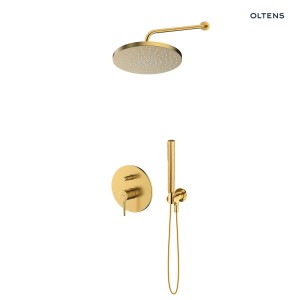 Zestaw Oltens Molle bateria wannowo-prysznicowa podtynkowa z deszczownicą 25 cm Pluva i słuchawką prysznicową Ume złoto szczotkowane 36639810