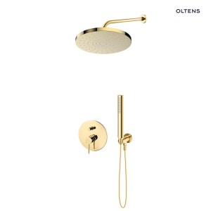 Zestaw Oltens Molle bateria wannowo-prysznicowa podtynkowa z deszczownicą 30 cm Alvo i słuchawką prysznicową Ume złoty połysk 36640800
