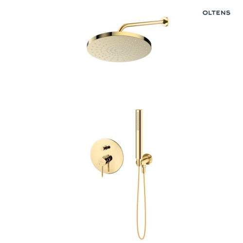 Zestaw Oltens Molle bateria wannowo-prysznicowa podtynkowa z deszczownicą 30 cm Alvo i słuchawką prysznicową Ume złoty połysk 36640800