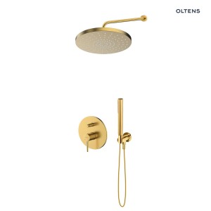 Zestaw Oltens Molle bateria wannowo-prysznicowa podtynkowa z deszczownicą 30 cm Alvo i słuchawką prysznicową Ume złoto szczotkowane 36640810