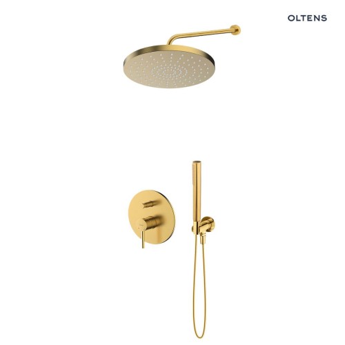 Zestaw Oltens Molle bateria wannowo-prysznicowa podtynkowa z deszczownicą 30 cm Alvo i słuchawką prysznicową Ume złoto szczotkowane 36640810