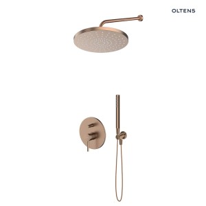 Zestaw Oltens Molle bateria wannowo-prysznicowa podtynkowa z deszczownicą 30 cm Alvo i słuchawką prysznicową Ume miedź szczotkowana 36640610