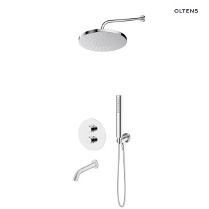 Zestaw Oltens Katla bateria podtynkowa termostatyczna z wylewką wannową  Molle z deszczownicą 25 cm Pluva i słuchawką prysznicową Ume chrom 36641100