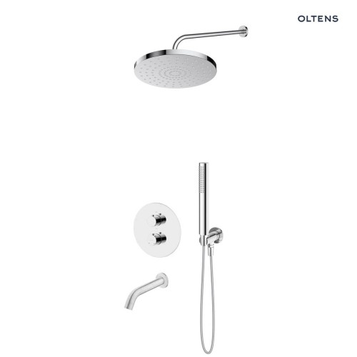 Zestaw Oltens Katla bateria podtynkowa termostatyczna z wylewką wannową  Molle z deszczownicą 25 cm Pluva i słuchawką prysznicową Ume chrom 36641100