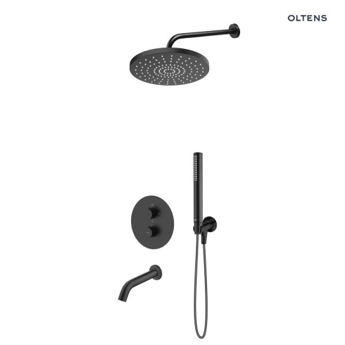Zestaw Oltens Katla bateria podtynkowa termostatyczna z wylewką wannową  Molle z deszczownicą 25 cm Pluva i słuchawką prysznicową Ume czarny mat 36641300