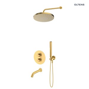 Zestaw Oltens Katla bateria podtynkowa termostatyczna z wylewką wannową  Molle z deszczownicą 25 cm Pluva i słuchawką prysznicową Ume złoto szczotkowane 36641810