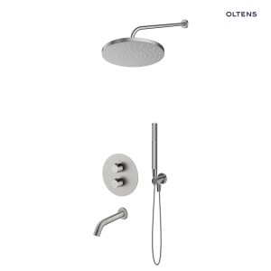 Zestaw Oltens Katla bateria podtynkowa termostatyczna z wylewką wannową  Molle z deszczownicą 25 cm Pluva i słuchawką prysznicową Ume nikiel 36641910