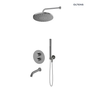 Zestaw Oltens Katla bateria podtynkowa termostatyczna z wylewką wannową  Molle z deszczownicą 25 cm Pluva i słuchawką prysznicową Ume grafit 36641400