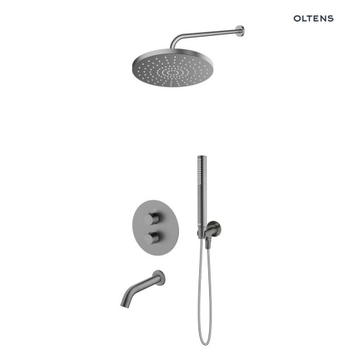 Zestaw Oltens Katla bateria podtynkowa termostatyczna z wylewką wannową  Molle z deszczownicą 25 cm Pluva i słuchawką prysznicową Ume grafit 36641400