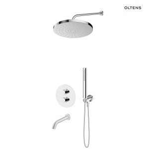 Zestaw Oltens Katla bateria podtynkowa termostatyczna z wylewką wannową  Molle z deszczownicą 30 cm Alvo i słuchawką prysznicową Ume chrom 36642100