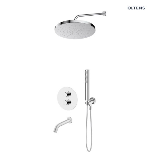 Zestaw Oltens Katla bateria podtynkowa termostatyczna z wylewką wannową  Molle z deszczownicą 30 cm Alvo i słuchawką prysznicową Ume chrom 36642100