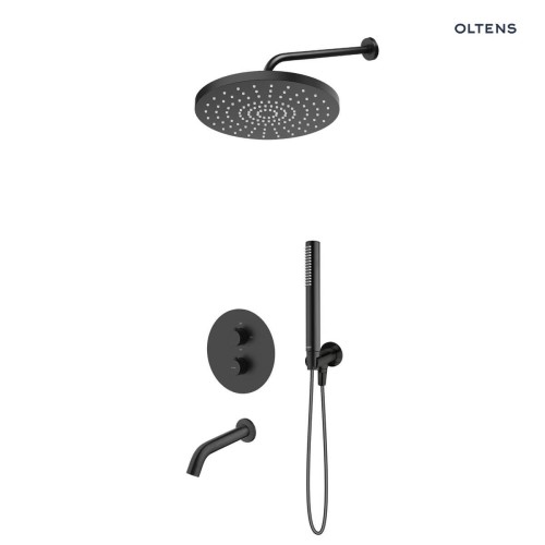 Zestaw Oltens Katla bateria podtynkowa termostatyczna z wylewką wannową  Molle z deszczownicą 30 cm Alvo i słuchawką prysznicową Ume czarny mat 36642300