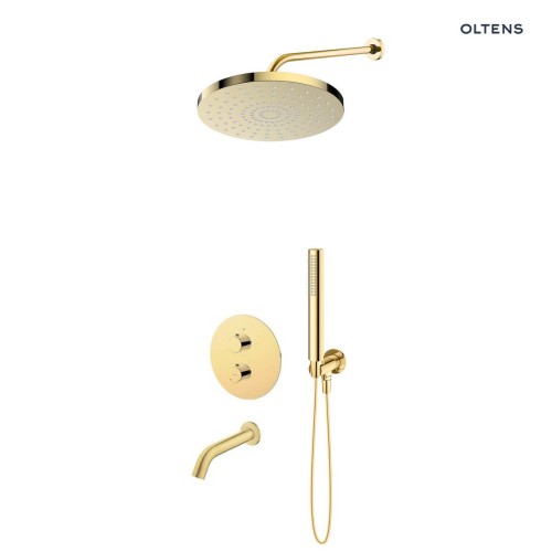 Zestaw Oltens Katla bateria podtynkowa termostatyczna z wylewką wannową  Molle z deszczownicą 30 cm Alvo i słuchawką prysznicową Ume złoty połysk 36642800