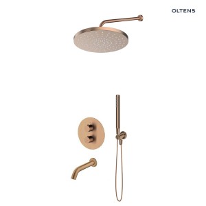 Zestaw Oltens Katla bateria podtynkowa termostatyczna z wylewką wannową  Molle z deszczownicą 30 cm Alvo i słuchawką prysznicową Ume miedź szczotkowana 36642610