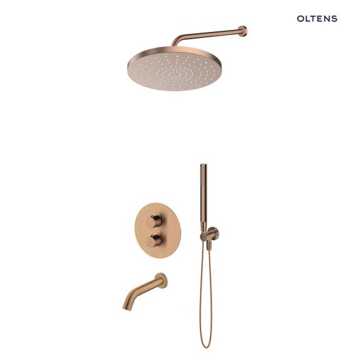 Zestaw Oltens Katla bateria podtynkowa termostatyczna z wylewką wannową  Molle z deszczownicą 30 cm Alvo i słuchawką prysznicową Ume miedź szczotkowana 36642610