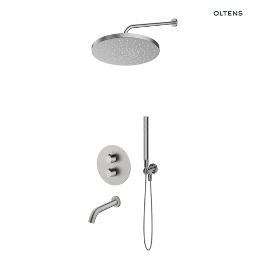 Zestaw Oltens Katla bateria podtynkowa termostatyczna z wylewką wannową  Molle z deszczownicą 30 cm Alvo i słuchawką prysznicową Ume nikiel 36642910