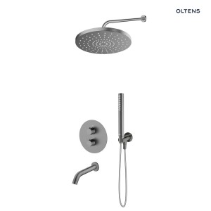 Zestaw Oltens Katla bateria podtynkowa termostatyczna z wylewką wannową  Molle z deszczownicą 30 cm Alvo i słuchawką prysznicową Ume grafit 36642400