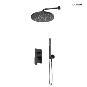 Zestaw Oltens Hadsel bateria podtynkowa z deszczownicą 30 cm Alvo i słuchawką prysznicową Ume czarny mat 36646300