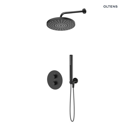Zestaw Oltens Katla bateria podtynkowa termostatyczna z deszczownicą 25 cm Pluva i słuchawką prysznicową Ume czarny mat 36647300