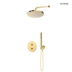 Zestaw Oltens Katla bateria podtynkowa termostatyczna z deszczownicą 25 cm Pluva i słuchawką prysznicową Ume złoty połysk 36647800
