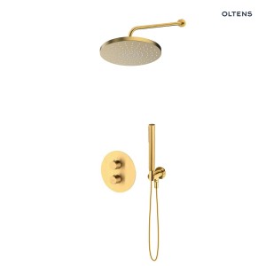 Zestaw Oltens Katla bateria podtynkowa termostatyczna z deszczownicą 25 cm Pluva i słuchawką prysznicową Ume złoto szczotkowane 36647810