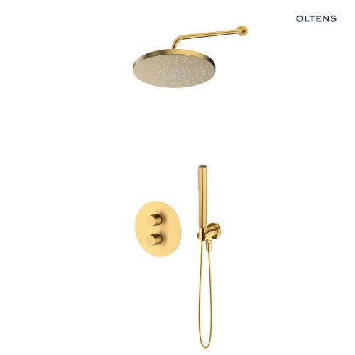 Zestaw Oltens Katla bateria podtynkowa termostatyczna z deszczownicą 25 cm Pluva i słuchawką prysznicową Ume złoto szczotkowane 36647810