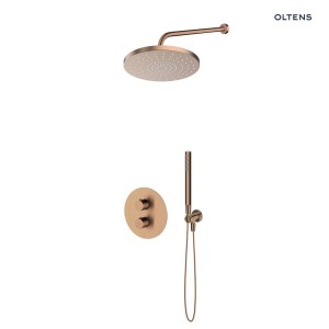 Zestaw Oltens Katla bateria podtynkowa termostatyczna z deszczownicą 25 cm Pluva i słuchawką prysznicową Ume miedź szczotkowana 36647610