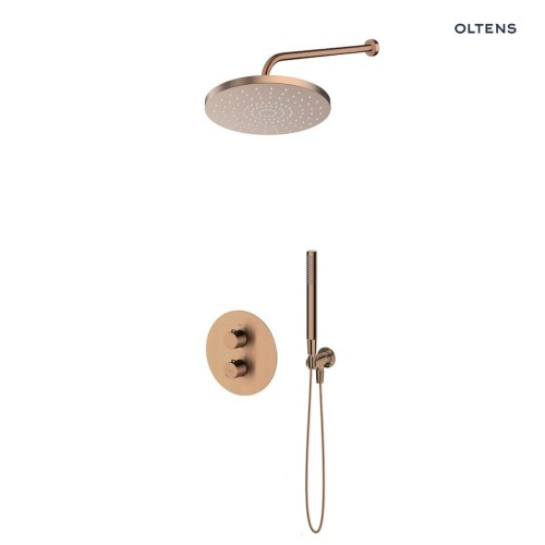 Zestaw Oltens Katla bateria podtynkowa termostatyczna z deszczownicą 25 cm Pluva i słuchawką prysznicową Ume miedź szczotkowana 36647610