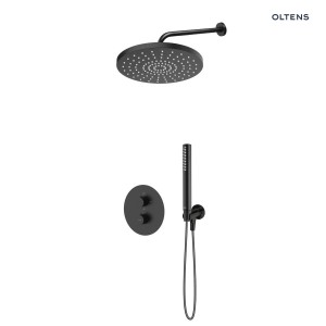 Zestaw Oltens Katla bateria podtynkowa termostatyczna z deszczownicą 30 cm Alvo i słuchawką prysznicową Ume czarny mat 36648300