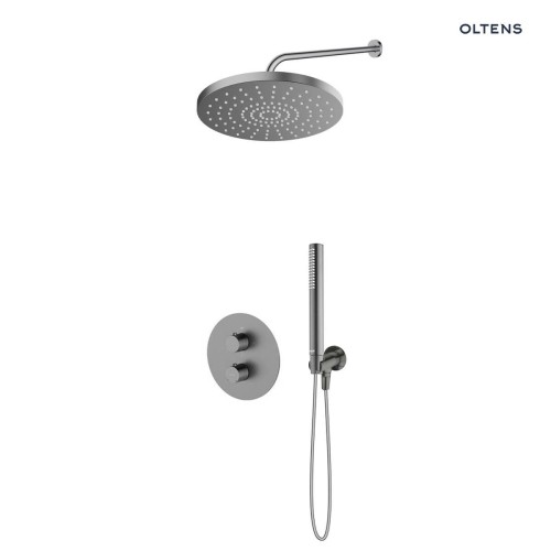 Zestaw Oltens Katla bateria podtynkowa termostatyczna z deszczownicą 30 cm Alvo i słuchawką prysznicową Ume grafit 36648400