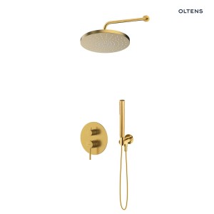 Zestaw Oltens Molle bateria podtynkowa z deszczownicą 25 cm Pluva i słuchawką prysznicową Ume złoto szczotkowane 36654810