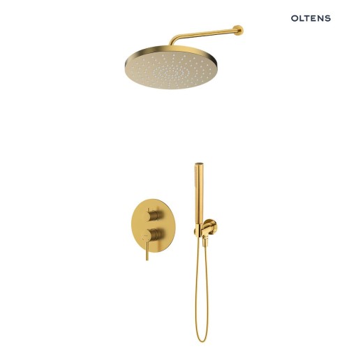Zestaw Oltens Molle bateria podtynkowa z deszczownicą 30 cm Alvo i słuchawką prysznicową Ume złoto szczotkowane 36650810